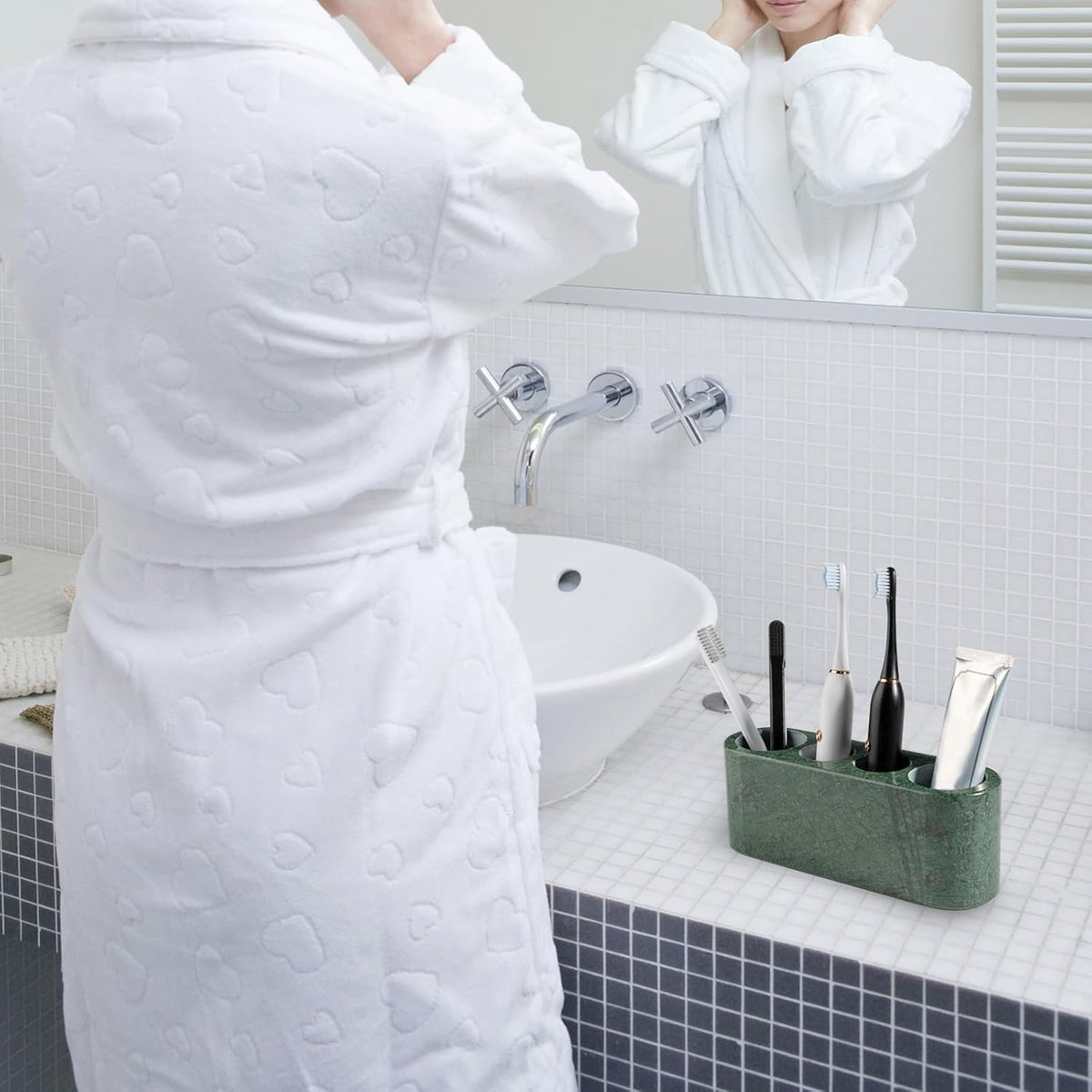 BCS Toothbrush Holder for Bathrooms, 4 Slots Open-Bottom Marble Toothbrush and Toothpaste Holder Stand Bathroom Organizer Countertop for Electric Toothbrush, Floss, Razor, Comb - Italy Green