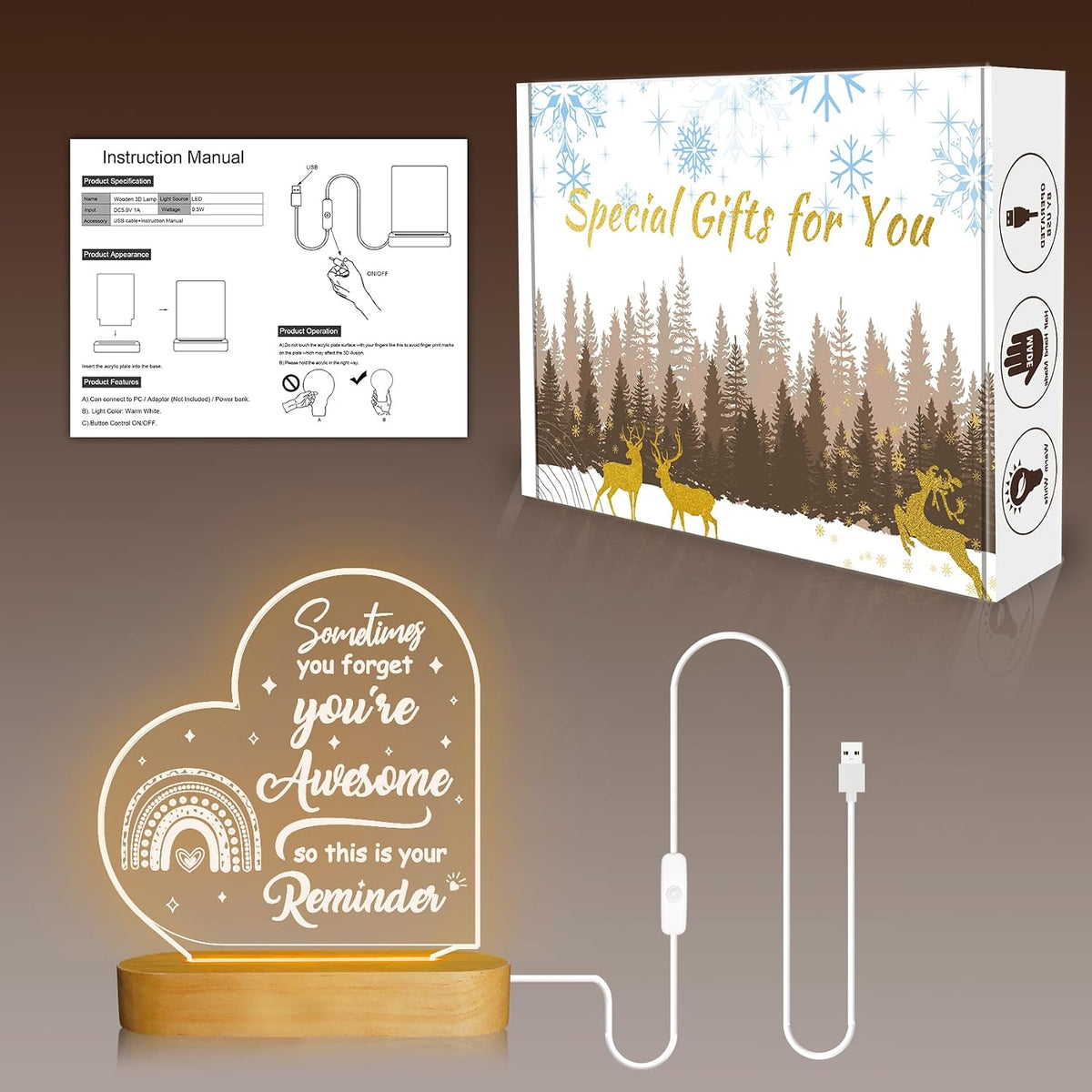 Attivolife You' re Awesome Inspirational Gift for Women, LED Night Lamp Friendship Gifts for Women - Sisterhood, Thank You Gift Galentines Day Gifts for Friends
