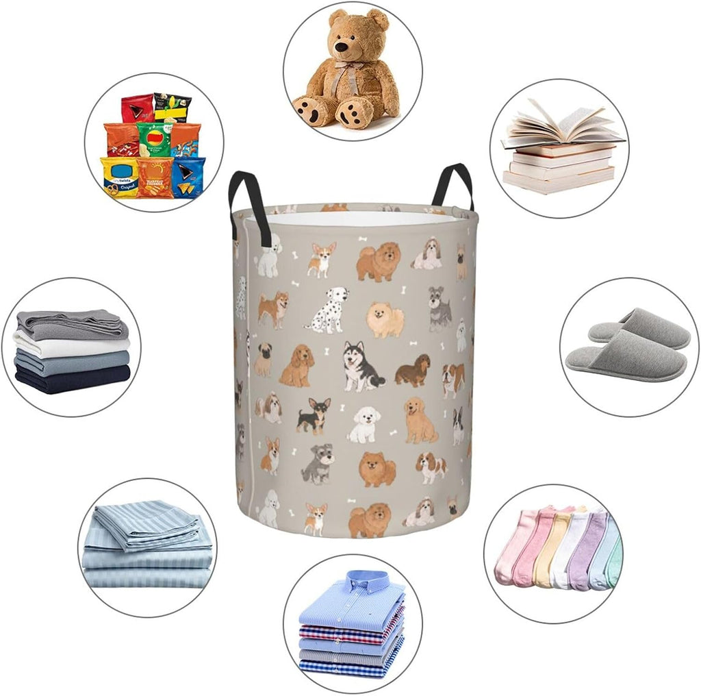 Cute Dog Animals Beige Round Laundry Hamper Storage Basket Toys Clothes Organizer Bin For Home Bathroom Bedroom Dorm Nursery, 62l