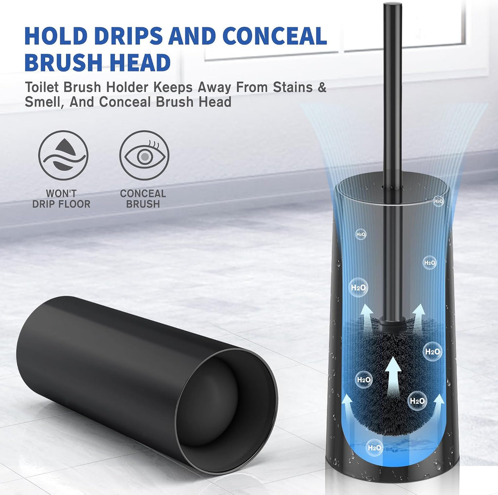 Toilet Brush and Holder, 2 Pack Toilet Brush Stainless Steel, Toilet Bowl Brush for Bathroom Toilet-Ergonomic, Elegant,Durable (Black)