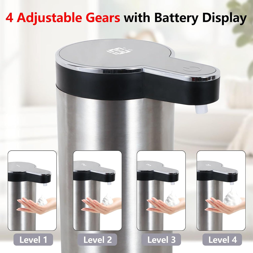 Automatic Foaming Soap Dispenser, Wall Mounted/Countertop Touchless 304 Stainless Steel Hand Soap Dispenser, Type-C Rechargeable LED Display, 4 Levels, IPX5 Waterproof, 12oz Kitchen/Bathroom, Black