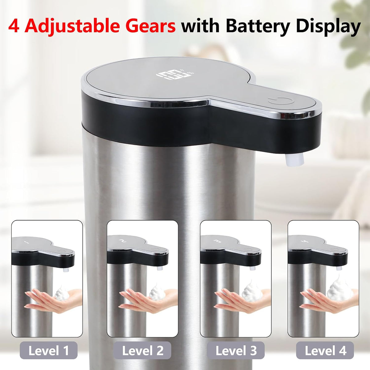 Automatic Foaming Soap Dispenser, Wall Mounted/Countertop Touchless 304 Stainless Steel Hand Soap Dispenser, Type-C Rechargeable LED Display, 4 Levels, IPX5 Waterproof, 12oz Kitchen/Bathroom, Black