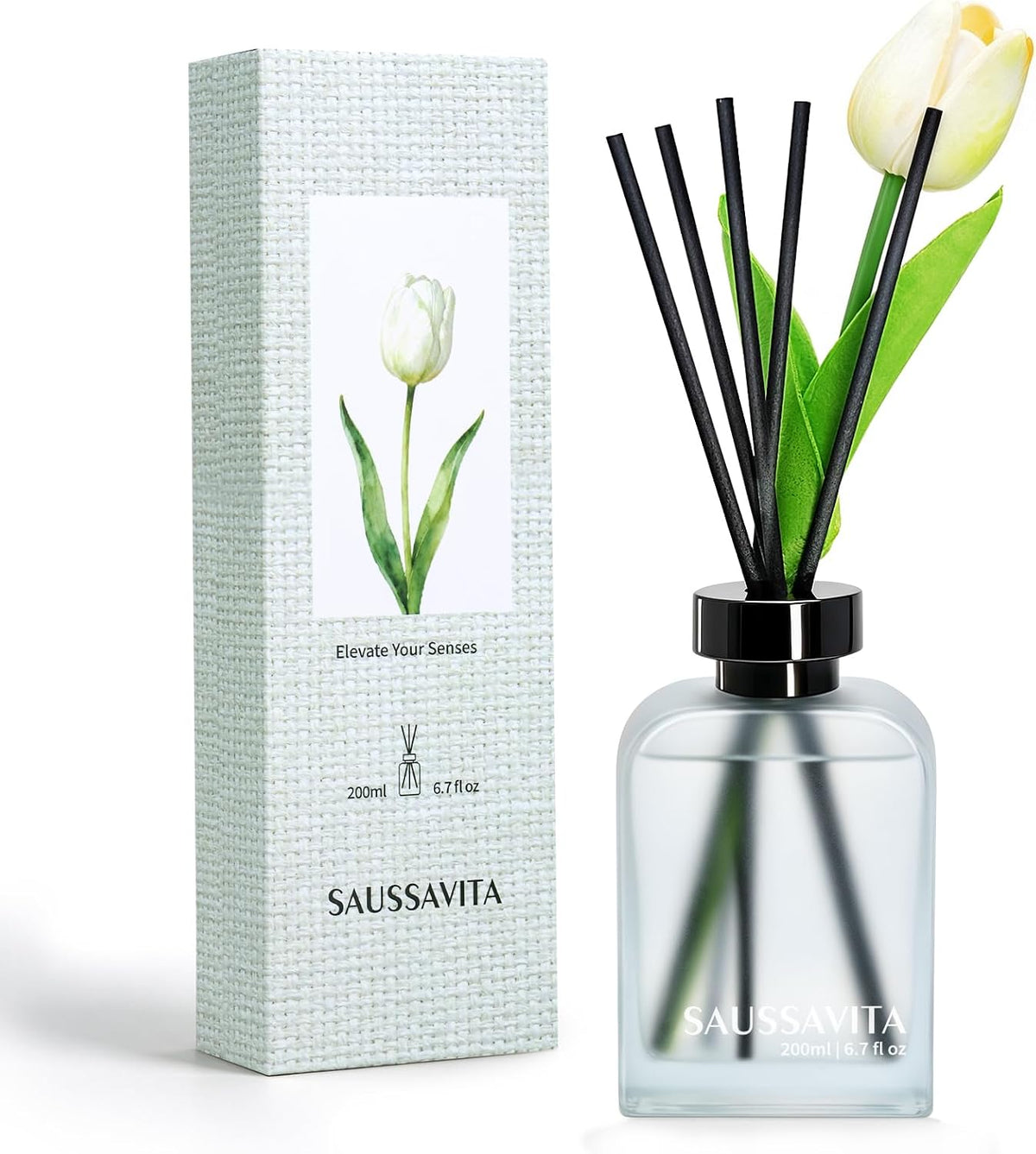 Reed Diffuser Set White Flower Scent with Vintage Rectangle Bottle 6.76 oz, Reed Diffusers for Space-Saving Home Decor with Tulip Flower, Reed Diffuser for Entryway Decor, Shelves Decor