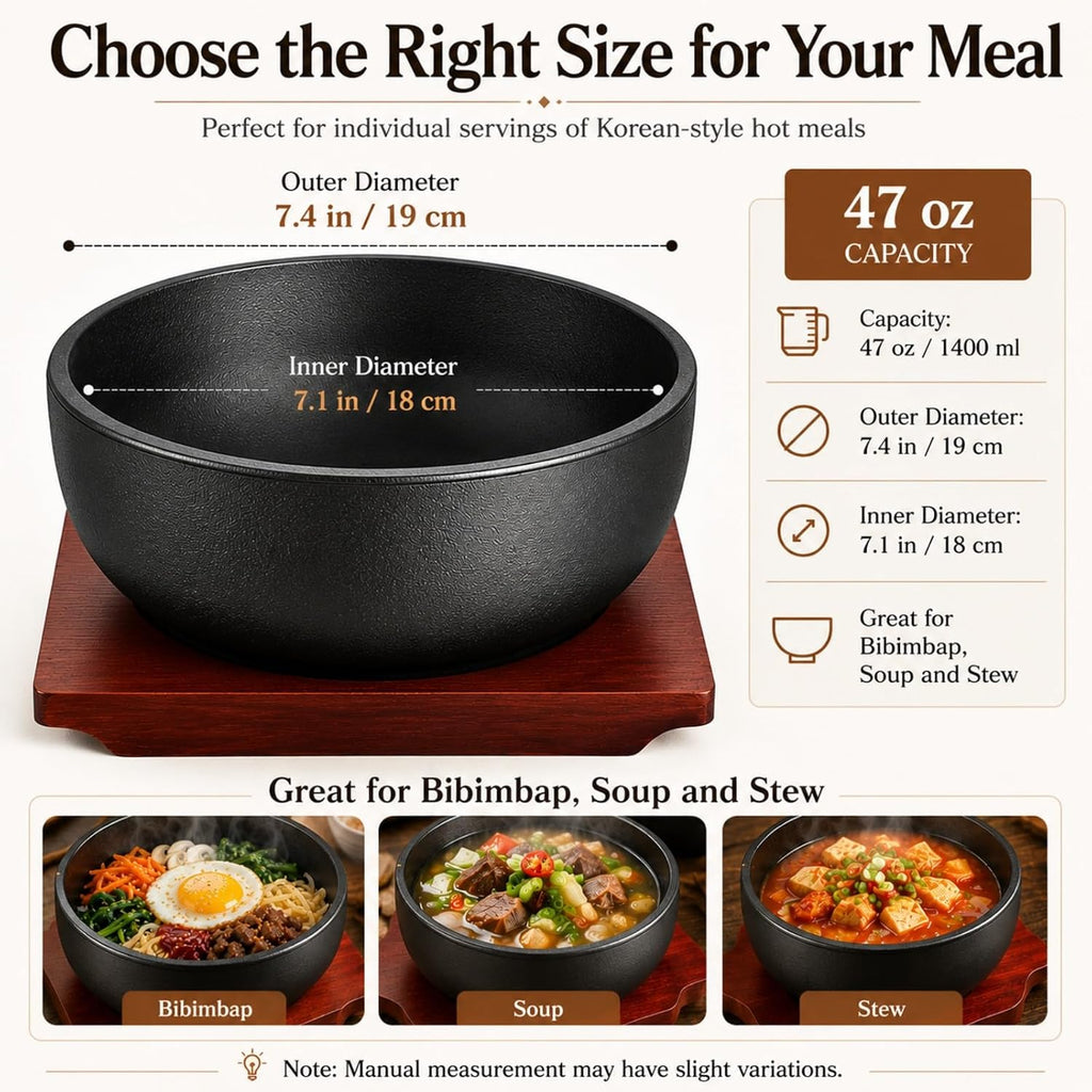 XICHENGSHIDAI Cast Iron Dolsot Bibimbap Bowl, 47 Oz, Wooden Base