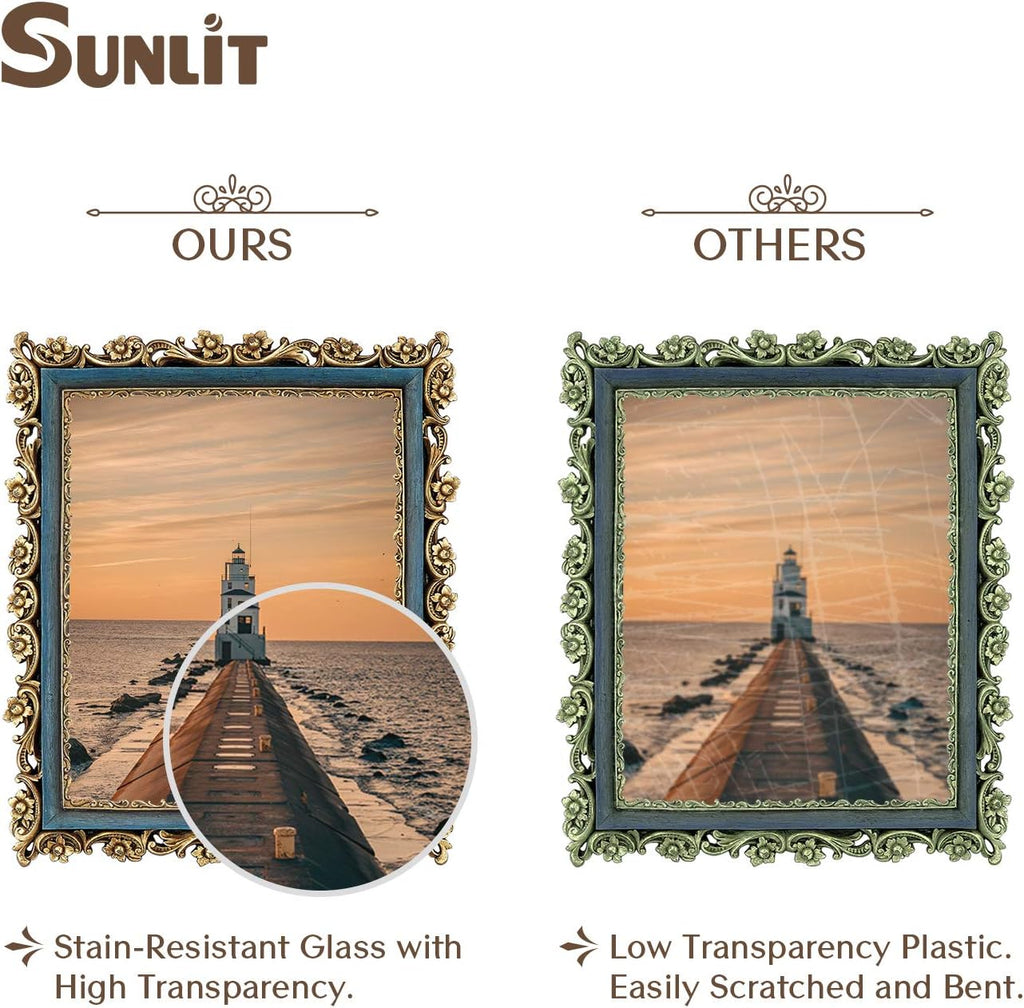 Sunlit Vintage Picture Frame 8x10 Inch, Luxury Antique Photo Frames with Glass Front, Photo Display, Tabletop Wall Hanging, Gift Ideas, Gold and Blue