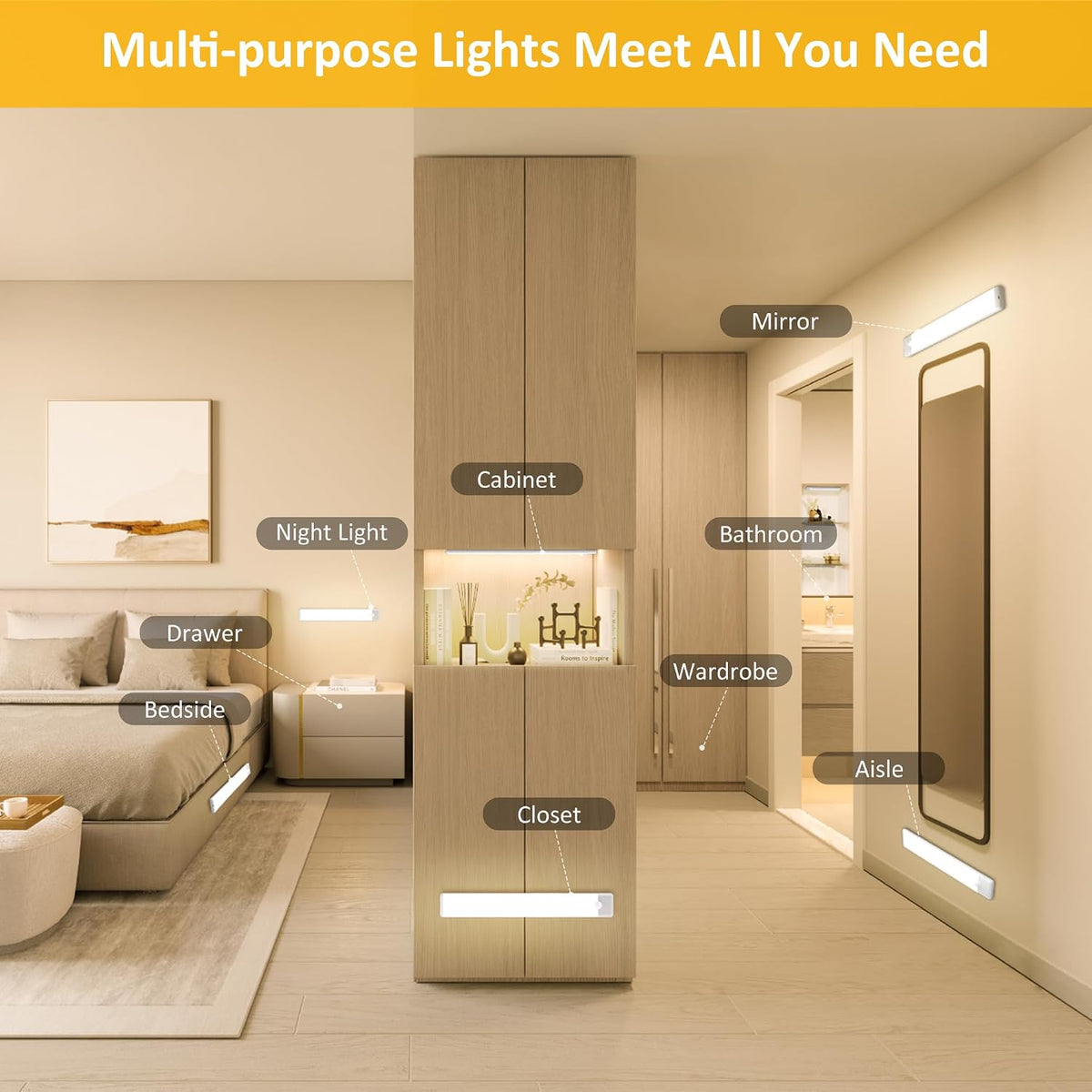 Motion Sensor Under Cabinet Lights, 2-Pack, Warm White, 12 inch
