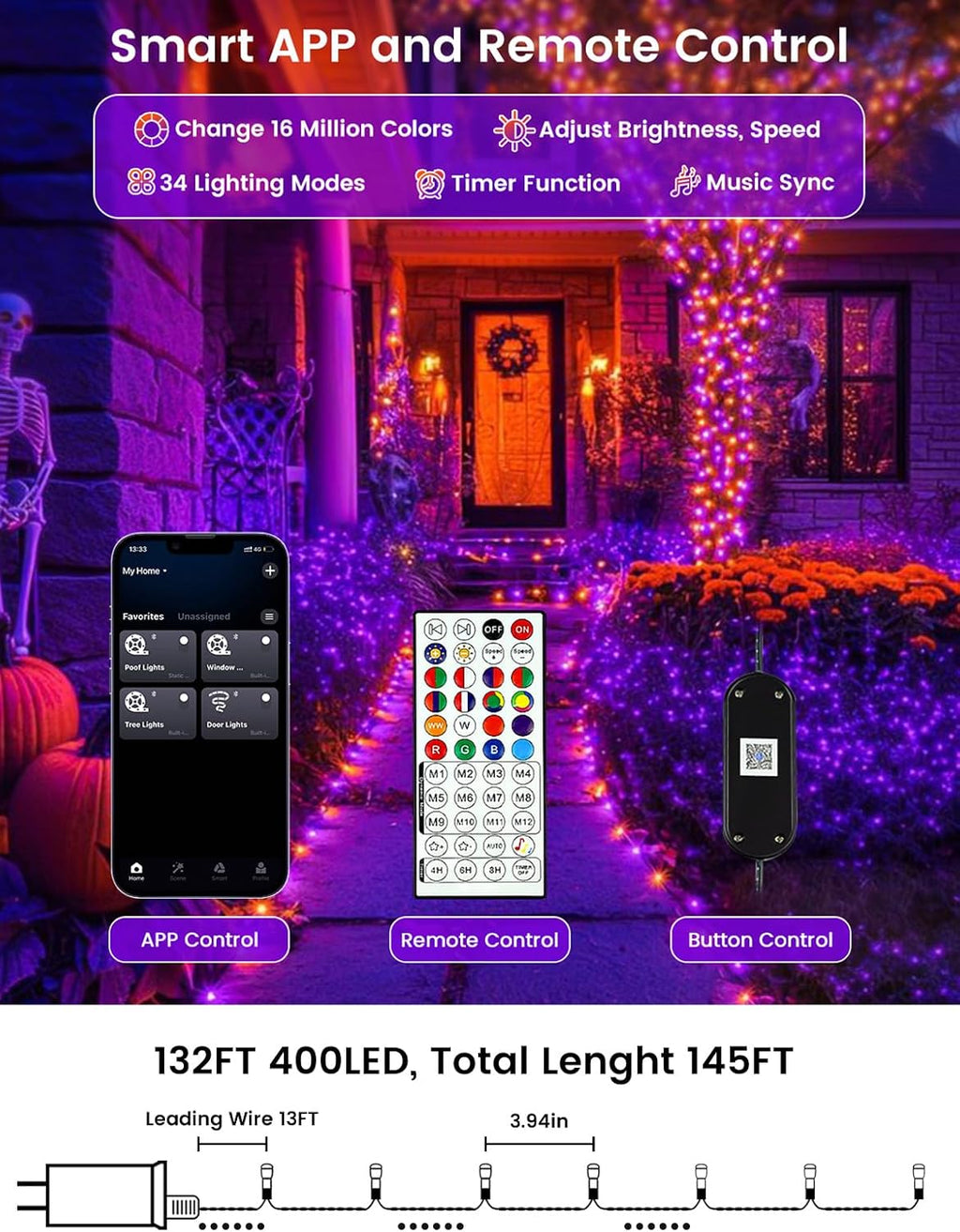 Smart Color Changing Halloween Lights String 145FT 400 LED APP and Remote