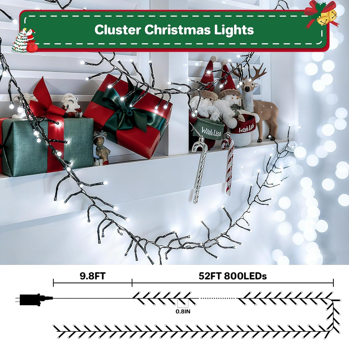 Christmas Cluster Lights Plug-in 52FT 800LEDs String Lights Indoor Outdoor