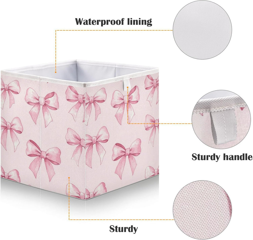 Pink Bows Storage Bins Cube Foldable Storage Baskets Bin Waterproof Home Organizer with Handles Basket for Blanket Clothes