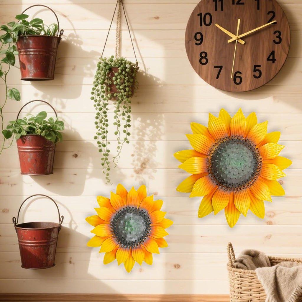 LWINGFLYER Metal Sunflower Wall Decor 12'' & 8" Assorted 3D Metal Wall Art for Sping Garden Fence Farmhouse Kitchen Bathroom Outdoor Indoor Decoration, Set of 3
