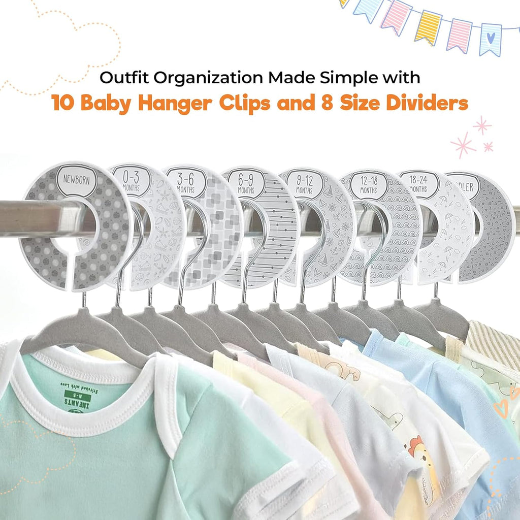 Babyrish Velvet Baby Hangers with 10x Clips and 8X Dividers (30 Pack) | 11” Ultra-Slim Baby Clothes Hangers | Non-Slip Felt | Space-Saving Nursery & Infant Closet Organizer | Gray