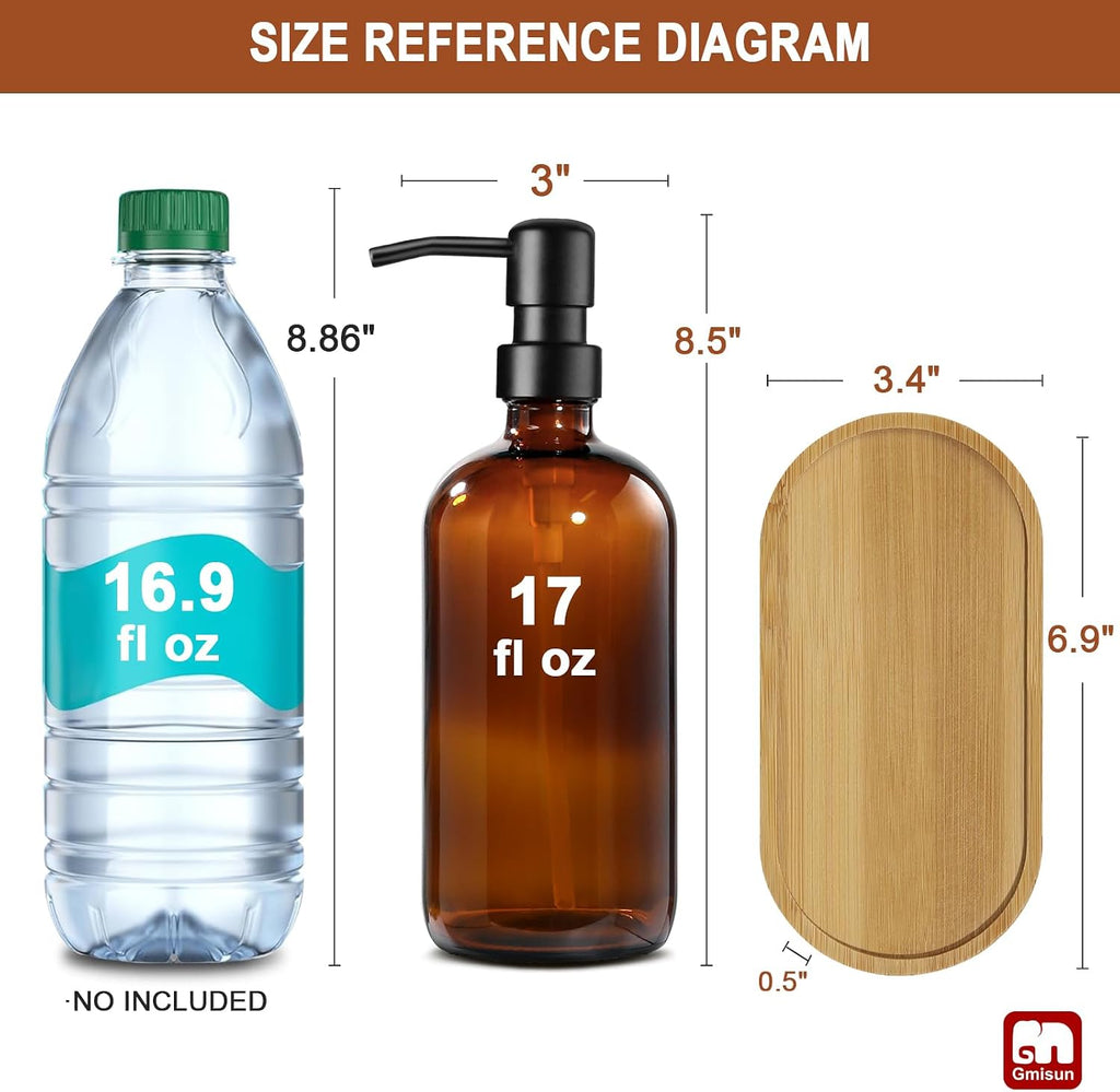 GMISUN Amber Glass Soap Dispenser, 2 Pack Bathroom Hand Soap Dispensers with Bamboo Tray, 17 Fl Oz Kitchen Hand and Dish Soap Dispenser Set, Modern Vintage Liquid Brown Soap Dispensers Bottle
