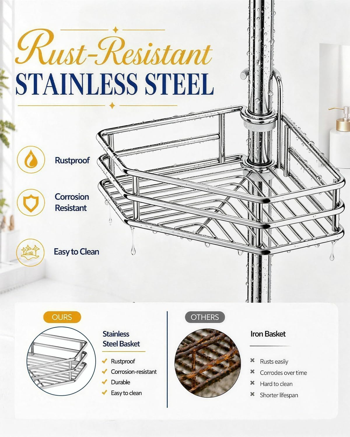 SEIRIONE Rustproof Corner Shower Caddy Tension Pole for Bathroom Storage