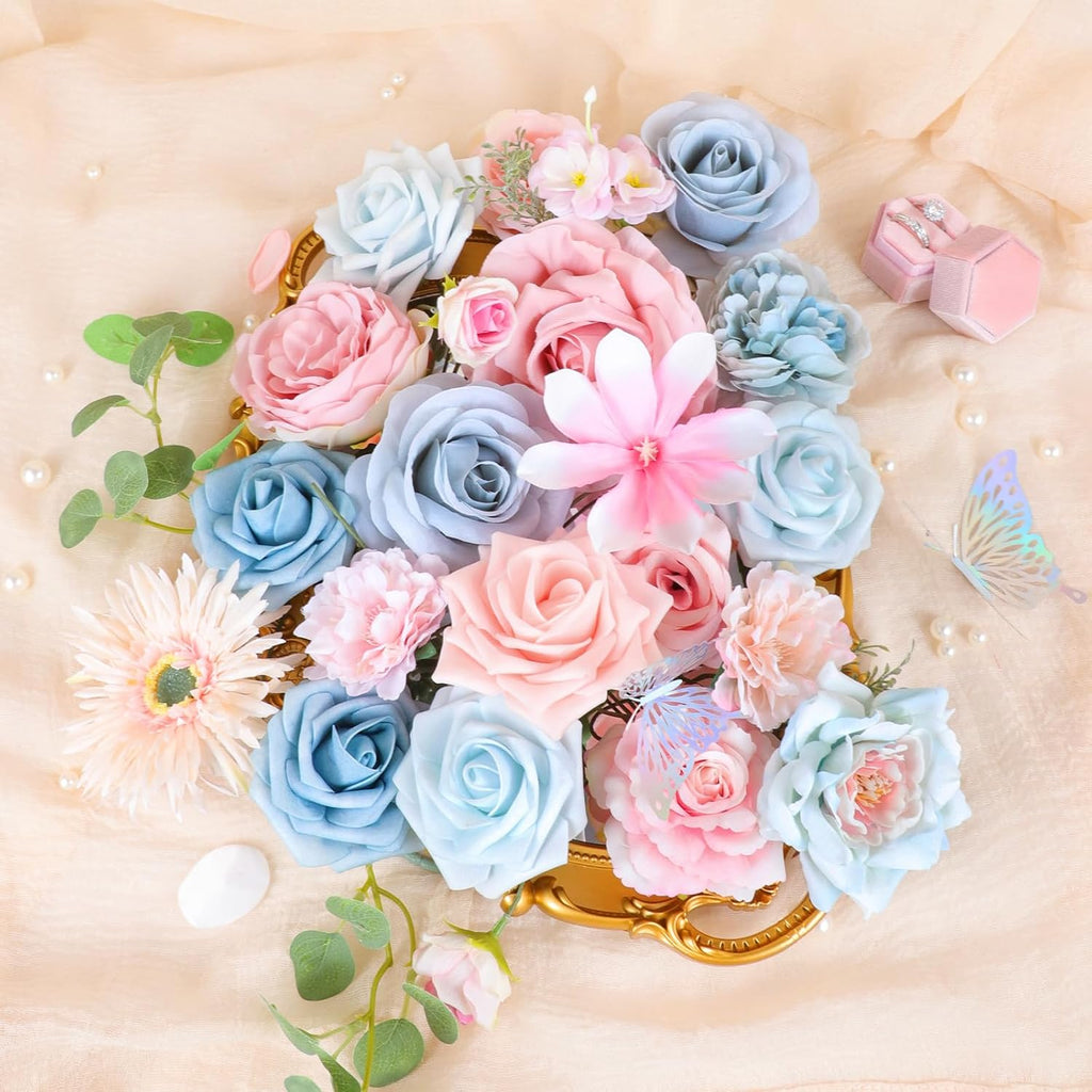 Blue Pink Artificial Flowers Combo, Roses Fake Flowers with Stems Wedding Pastel Flowers for Decorations DIY Bouquets Centerpieces Floral Arrangements Decor