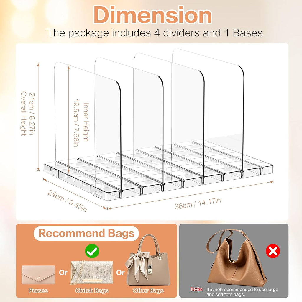 Stackable Purse Organizer for Closet Shelf, Acrylic Handbag Shelf Dividers