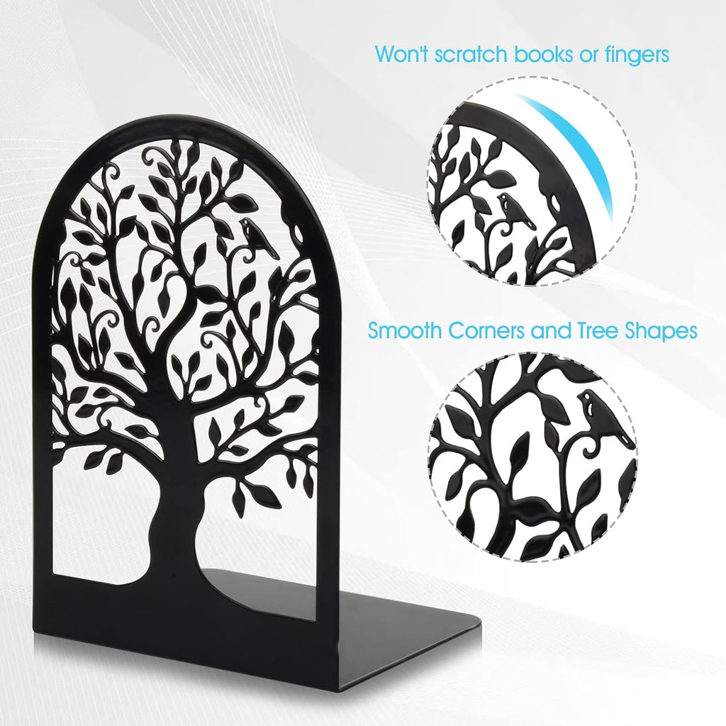HappyHapi Bookends, Metal Book Ends for Shelves, Tree Bookend Stopper, Black