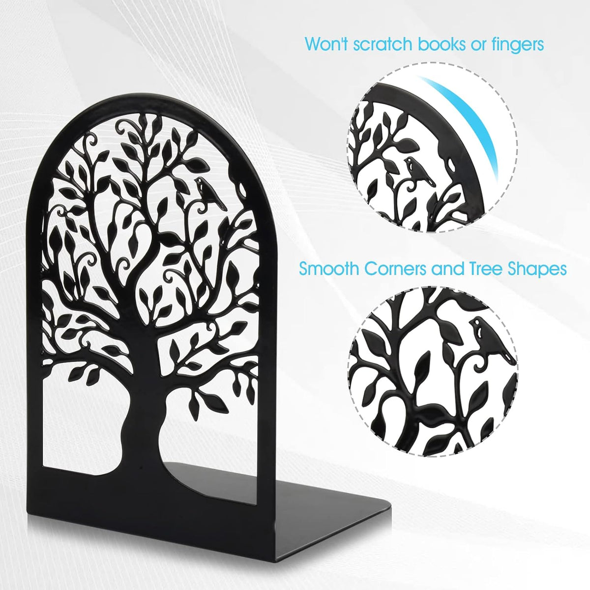 HappyHapi Bookends, Metal Book Ends for Shelves, Tree Bookend Stopper, Black