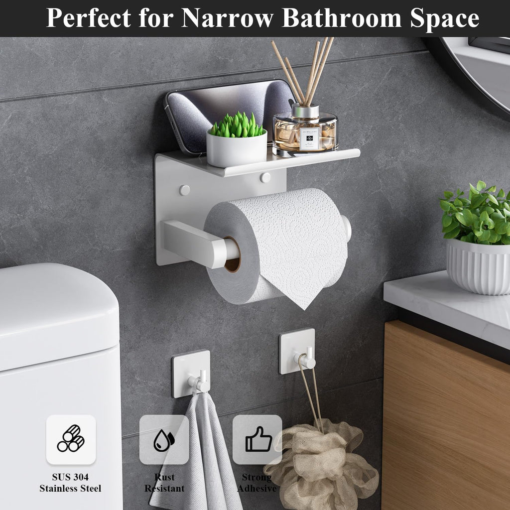 Tindbea Toilet Paper Holder with Phone Shelf + Towel Robe Hooks, Adhesive or Screw Wall Mounted Toilet Paper Roll Storage Dispenser, Stainless Steel Bathroom Tissue Roll Holder (White)