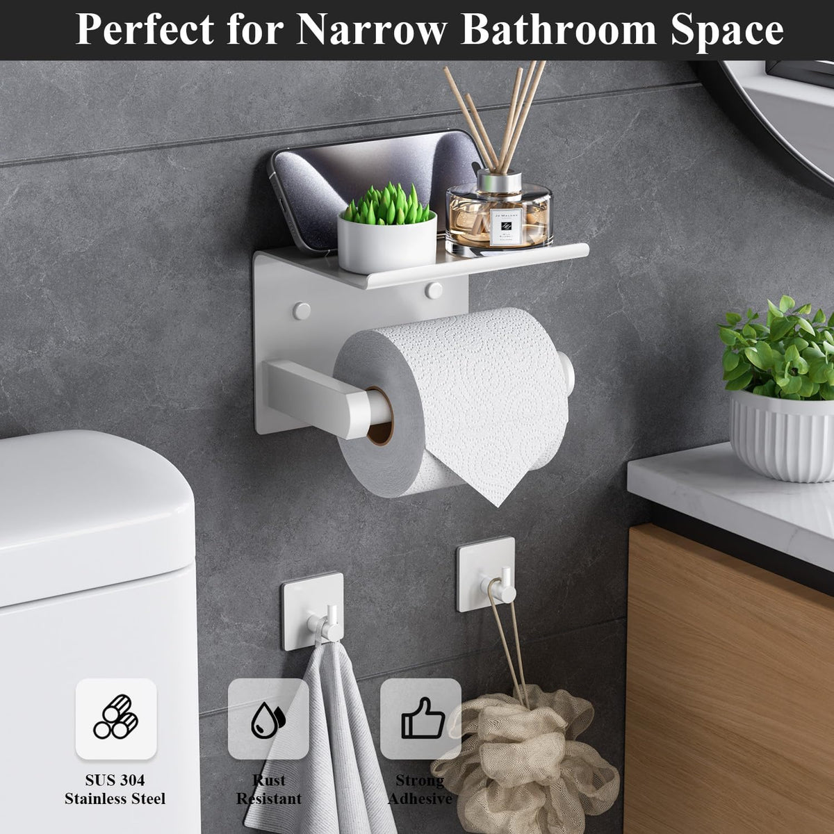 Tindbea Toilet Paper Holder with Phone Shelf + Towel Robe Hooks, Adhesive or Screw Wall Mounted Toilet Paper Roll Storage Dispenser, Stainless Steel Bathroom Tissue Roll Holder (White)