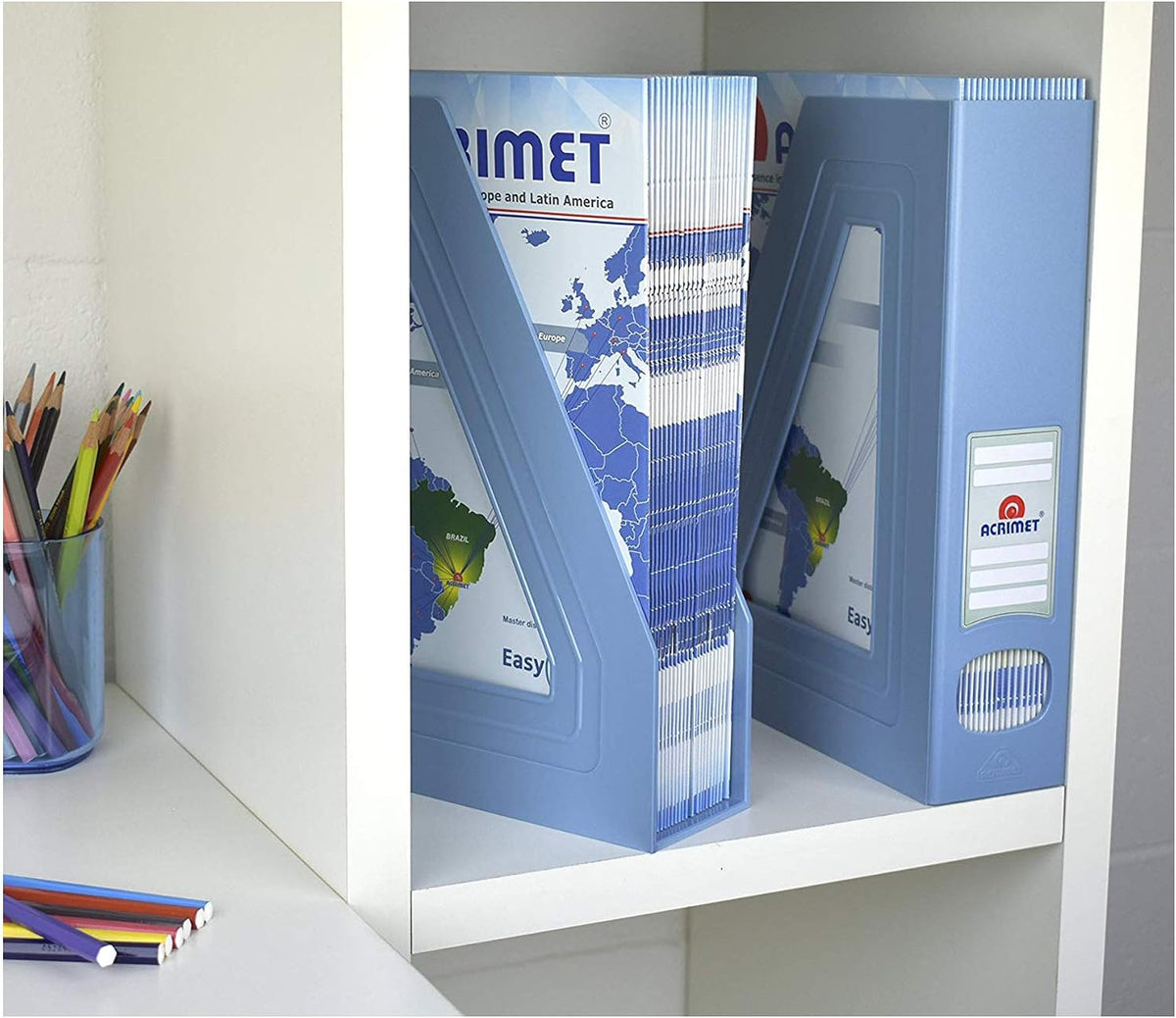 Acrimet Magazine File Holder, Vertical Desk Organizer, Solid Blue, 2 Pack
