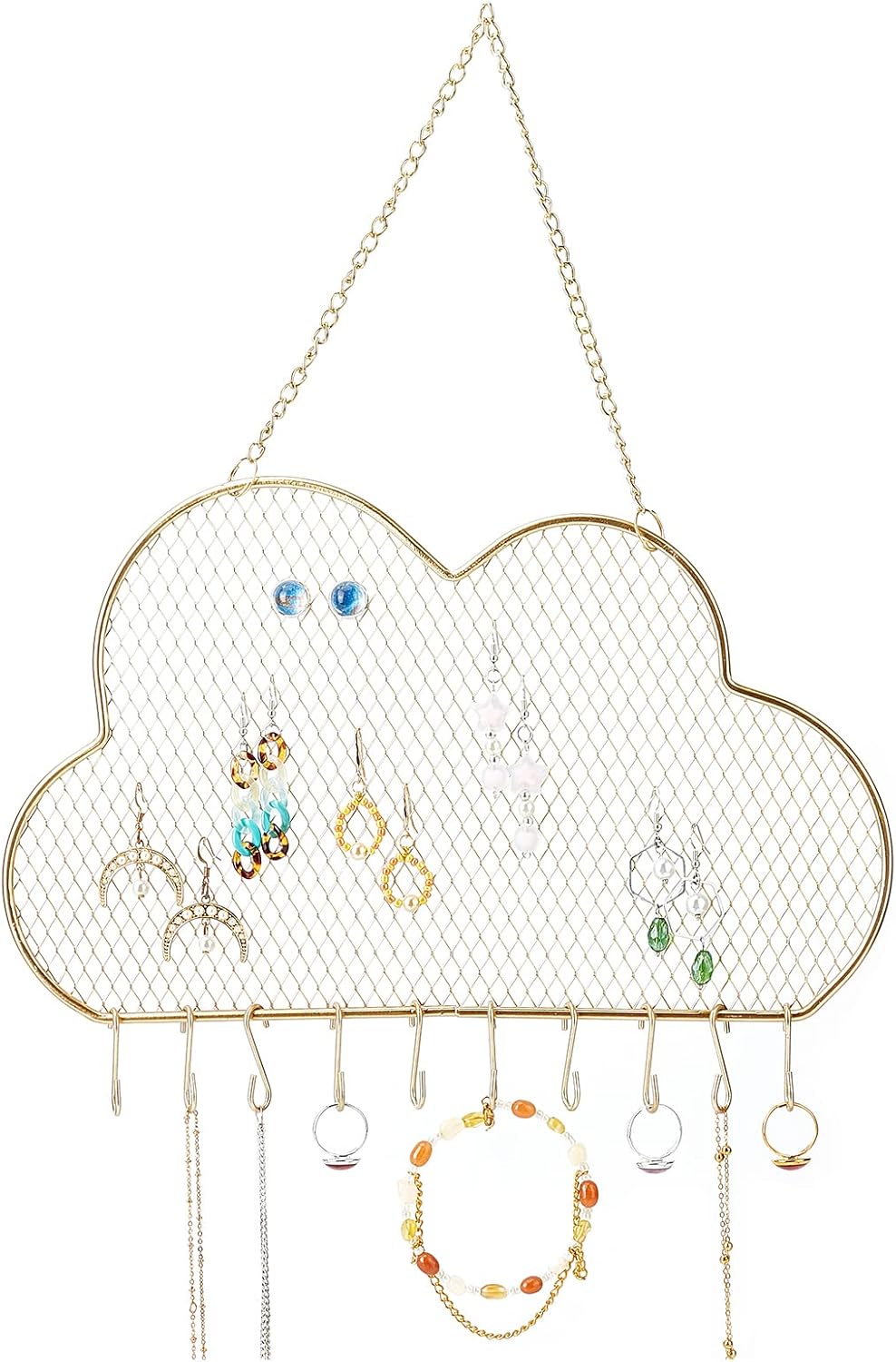 PH PandaHall Wall Jewelry Organizer, Stud Earring Holder Hanging Necklace Bracelet Display Stand with 10 Hooks Decorative Cloud Organizer for Necklaces Bracelets Small Grid for Stud Earring