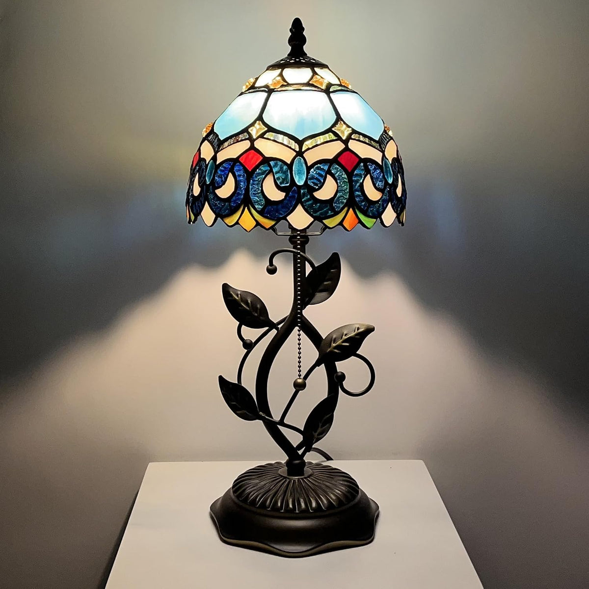 Tiffany Style Stained Glass Table Lamp Blue Jewelry Baroque 18 Inch