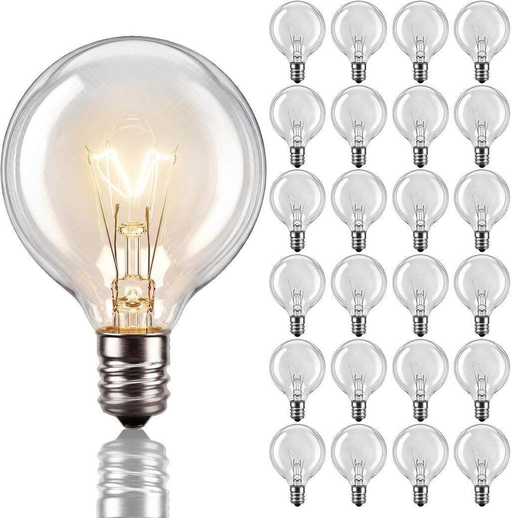 G40 Replacement Bulbs for Outdoor String Lights, 25 Pack 5 Watt Clear Glass Globe Incandescent Light Bulbs, E12 Candelabra Base, 2200K Warm White Vintage Edison Bulbs, Waterproof
