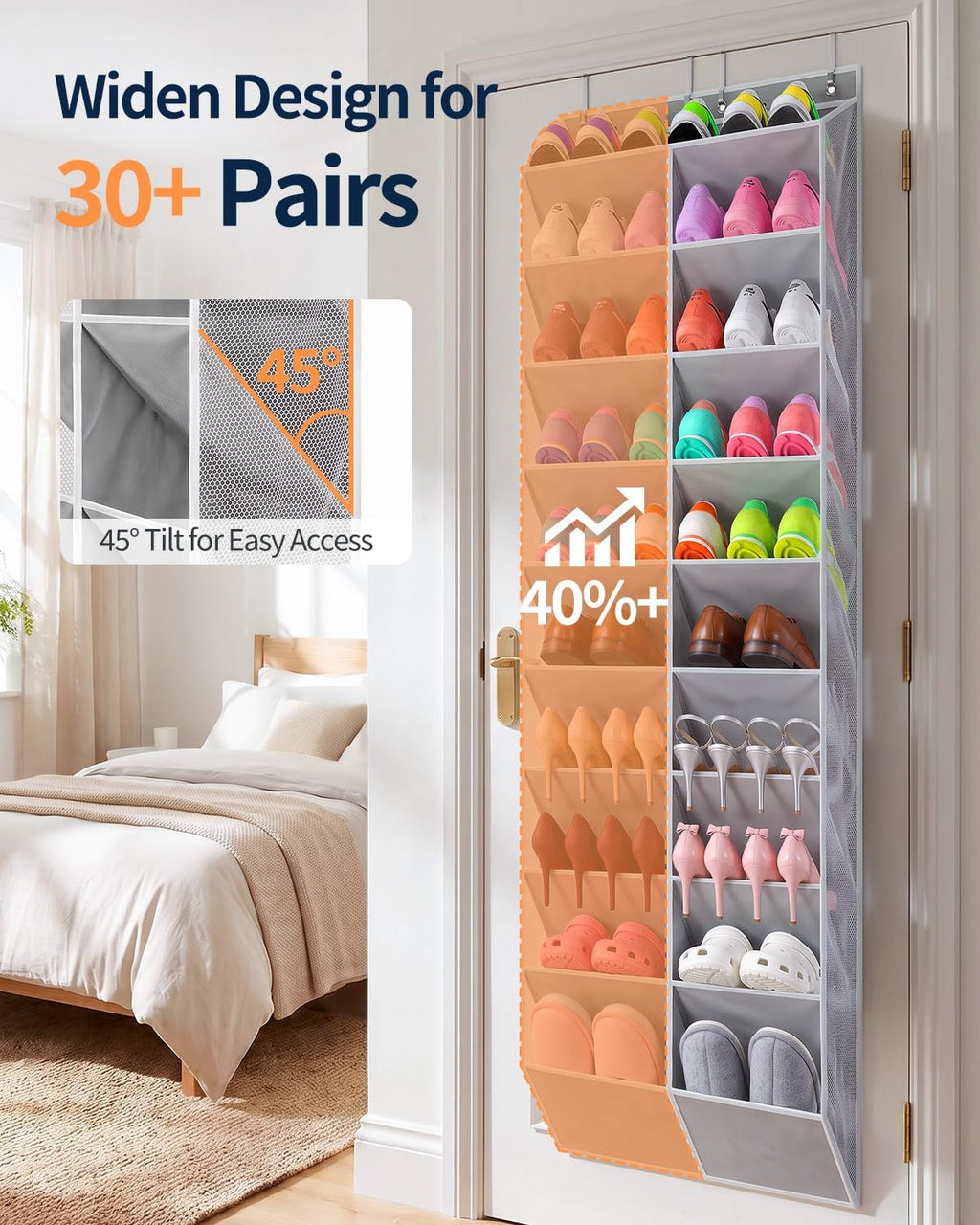 Yecaye 10 Tier Widen Over the Door Shoe Organizer for 20-30 Pairs, Grey
