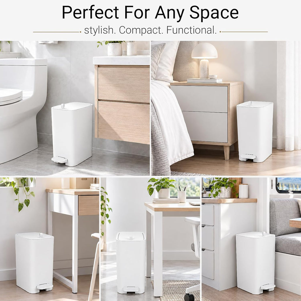 Small Bathroom Trash Can with Lid, Slim Garbage Can, 3.2 Gallon, White