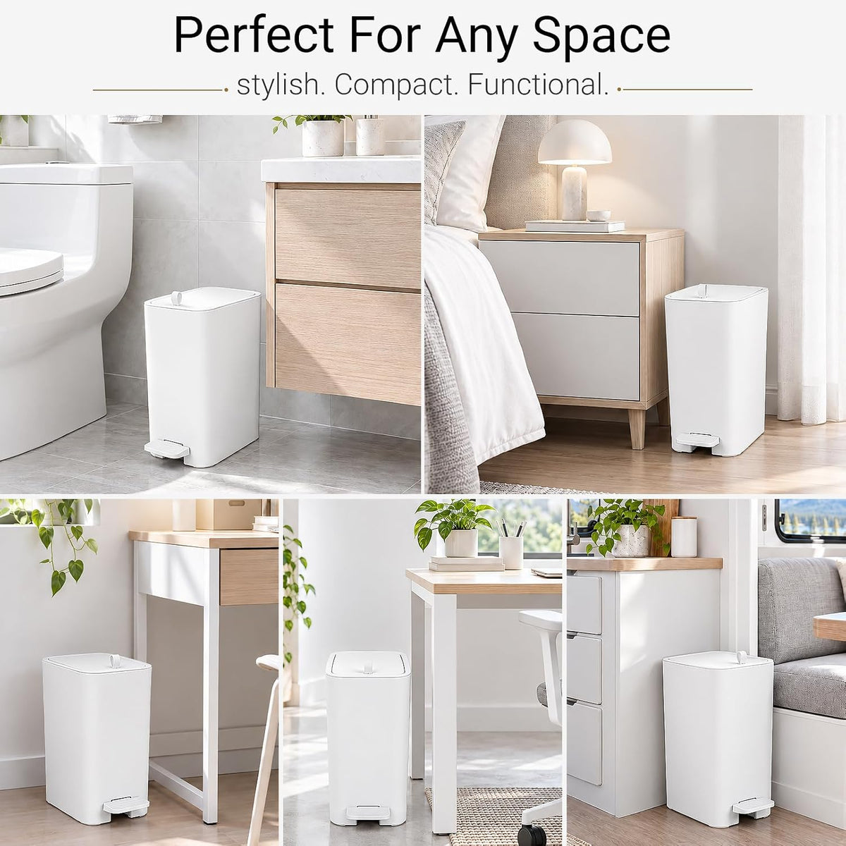 Small Bathroom Trash Can with Lid, Slim Garbage Can, 3.2 Gallon, White