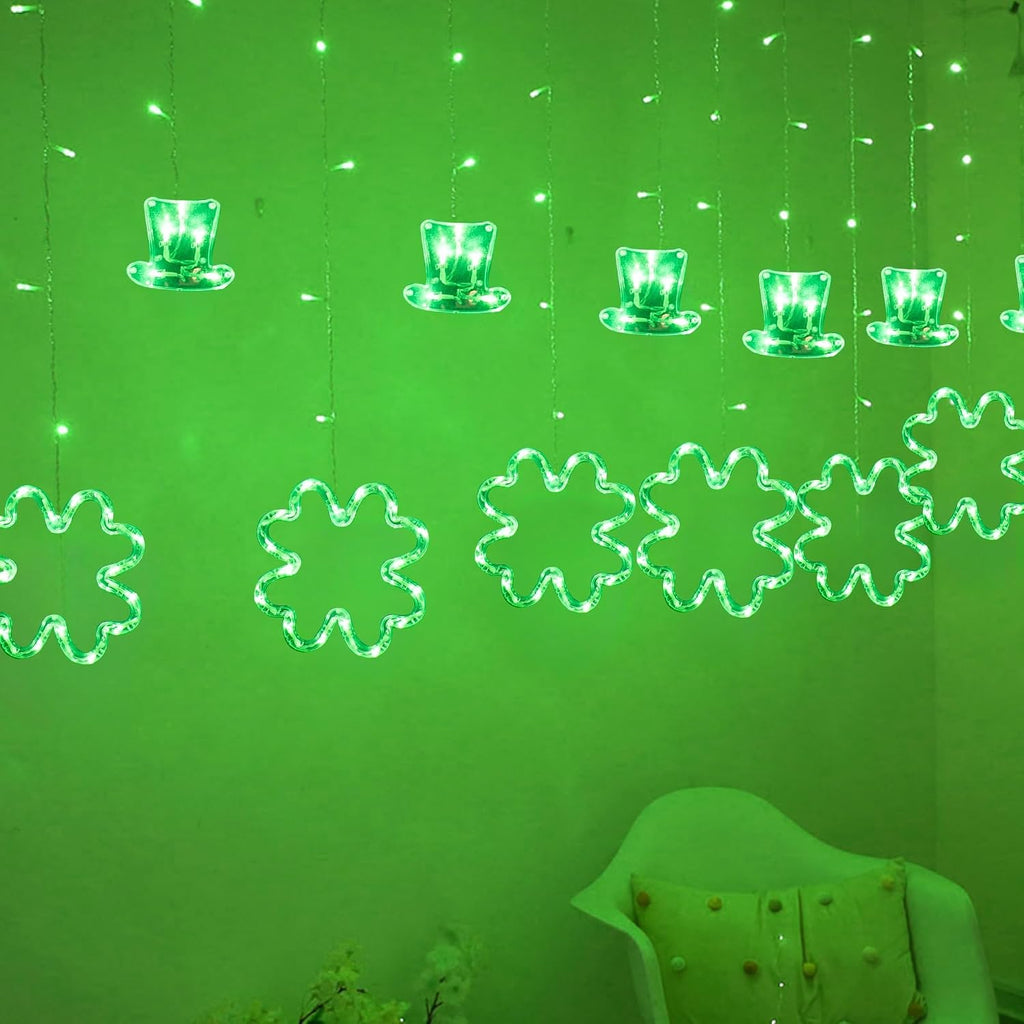 Dazzle Bright St Patrick Day Lights, 174LED 9FT Green Hat and Shamrock Curtain String Lights with 8 Modes, Plug in St Patrick Decorations for Indoor Window Outdoor Party Decor (Green)