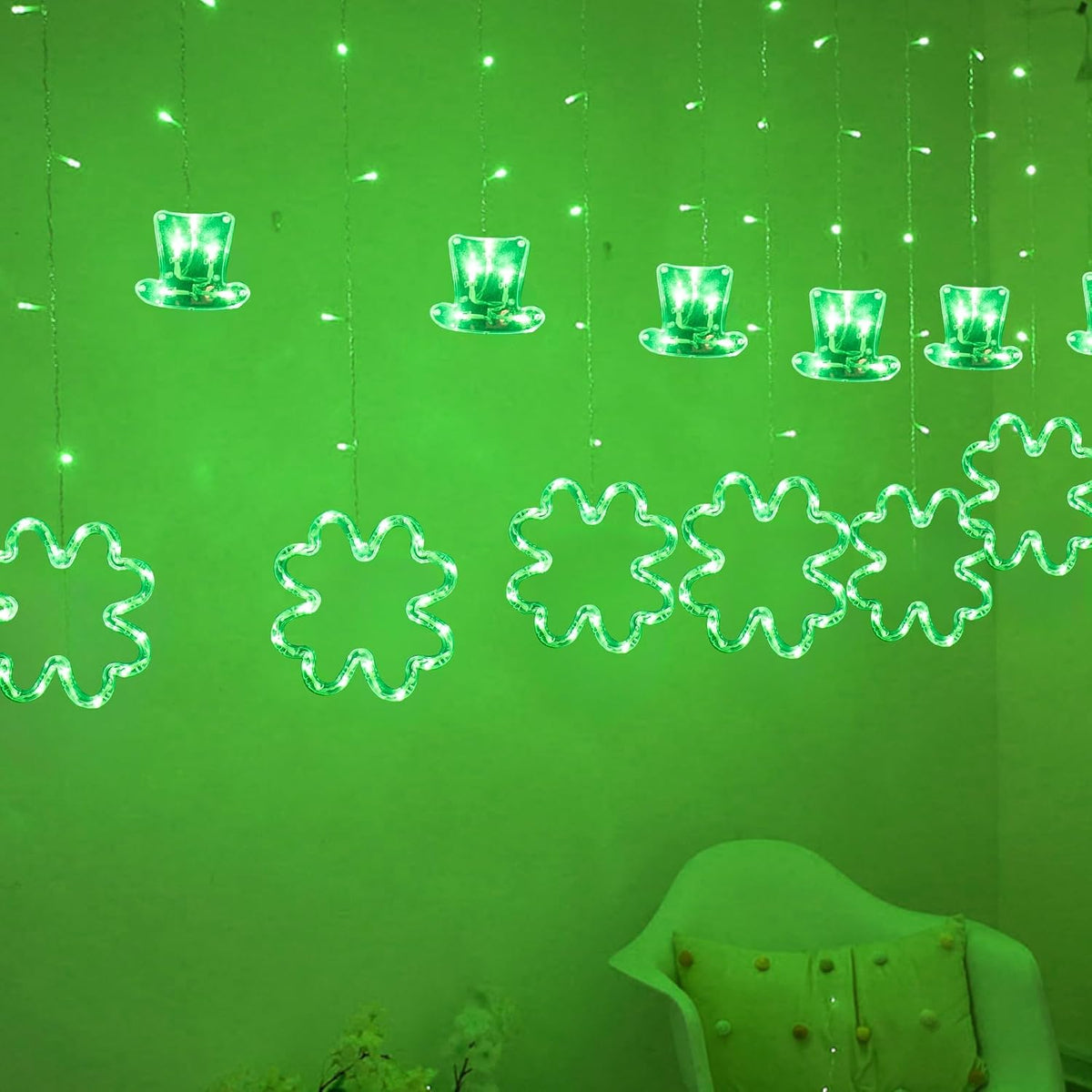 Dazzle Bright St Patrick Day Lights, 174LED 9FT Green Hat and Shamrock Curtain String Lights with 8 Modes, Plug in St Patrick Decorations for Indoor Window Outdoor Party Decor (Green)