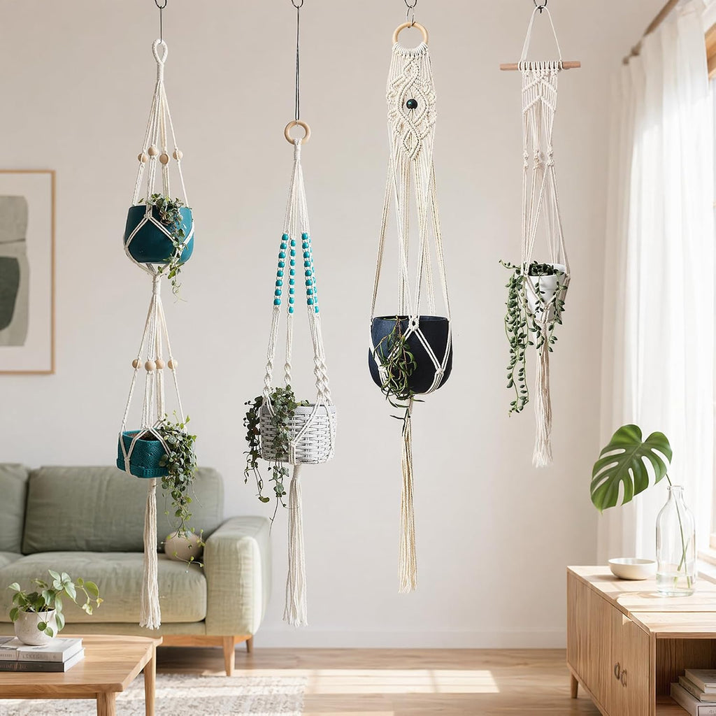 4-Pack Indoor Pot Hanger, Macrame Hanging Planters, Boho Decor for Room/Ceiling/Garden/Balcony (No Pot and Plant Included)