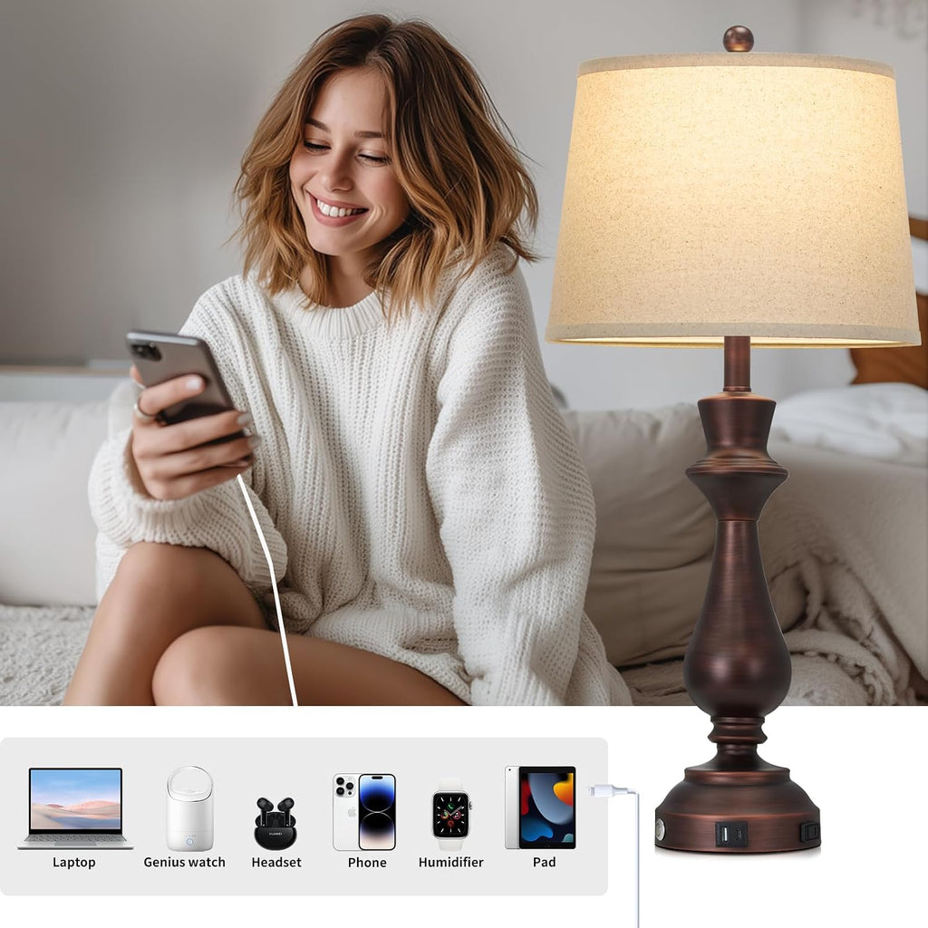 Vintage Table Lamp for Living Room,30" Tall Bedside Lamp with USB Charging Port,3-Way Dimmable Touch Nightstand Lamp for Bedroom Desk Side Table Office,Brown-1P