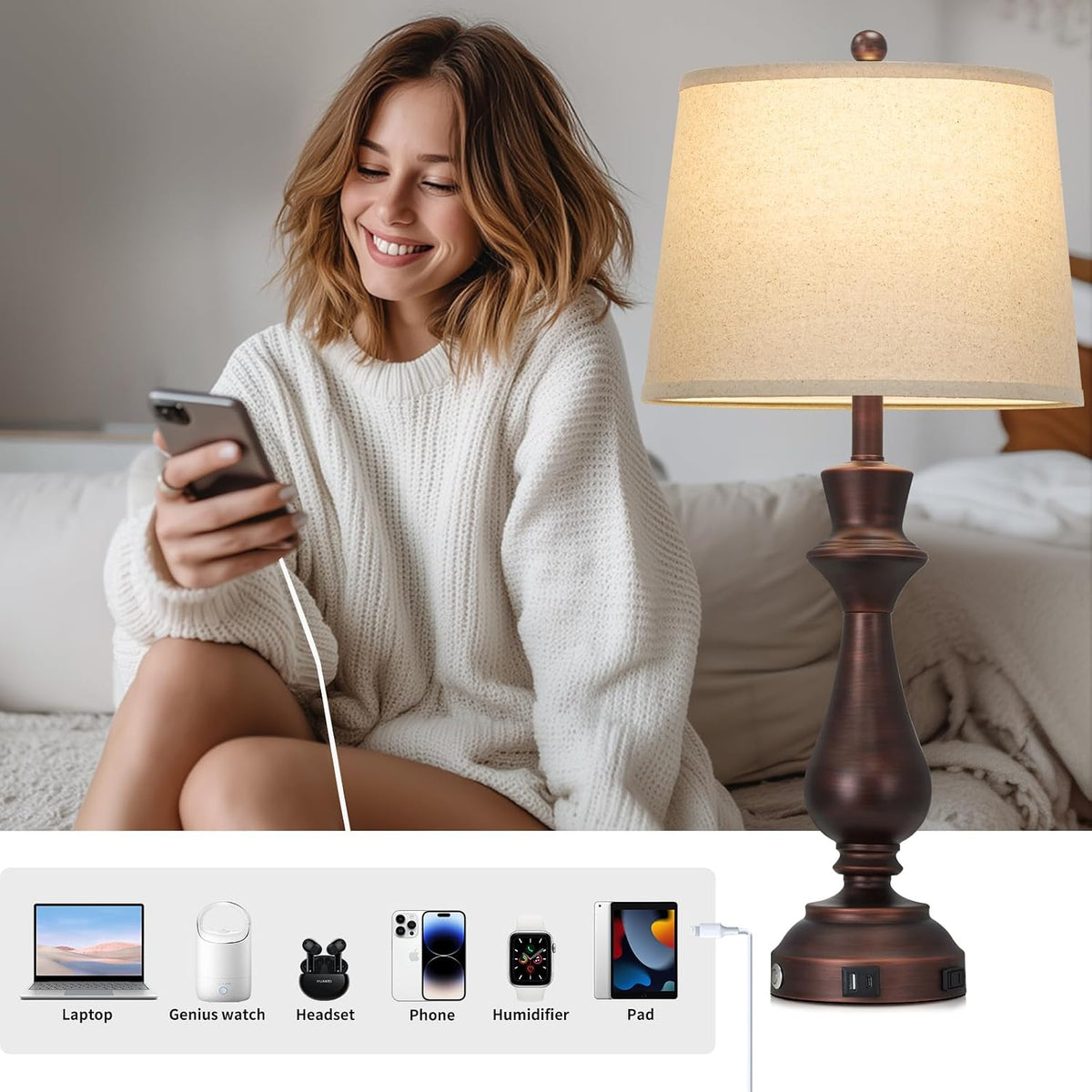 Vintage Table Lamp for Living Room,30" Tall Bedside Lamp with USB Charging Port,3-Way Dimmable Touch Nightstand Lamp for Bedroom Desk Side Table Office,Brown-1P