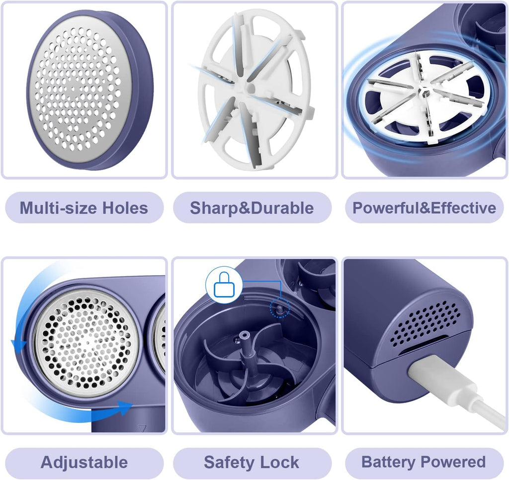 Fabric Shaver, Dual Motor Electric Lint Shaver for Clothes, 6 Blades, Purple