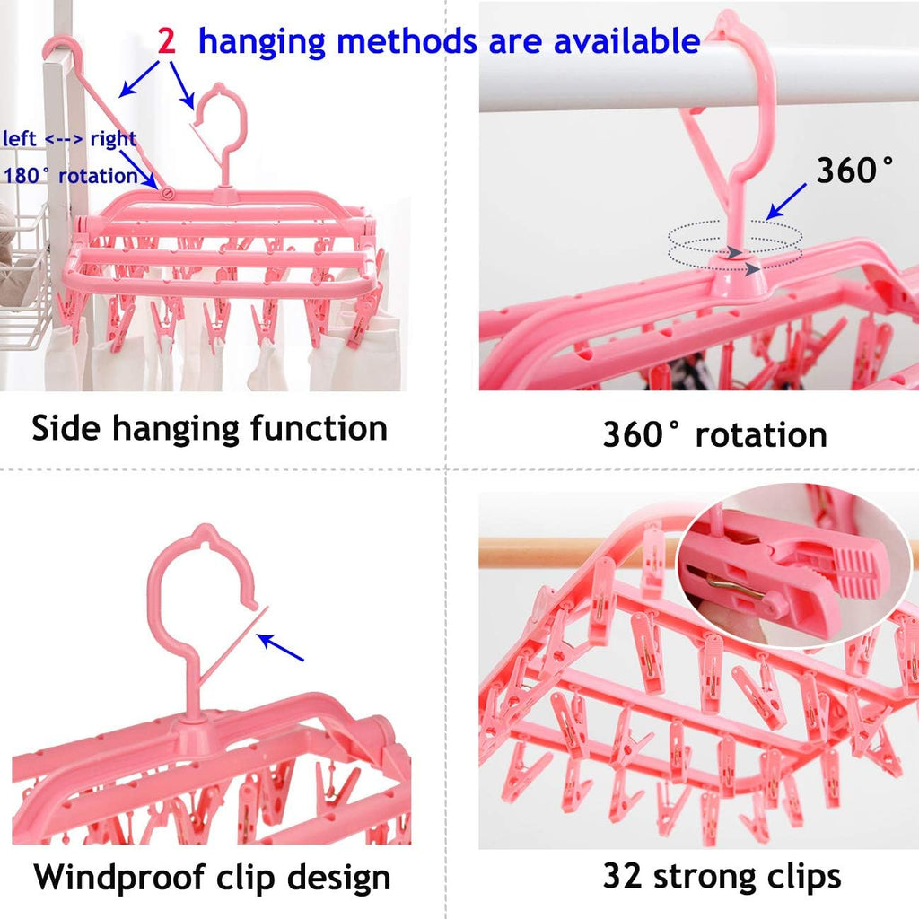 Clothespin Rack Foldable Laundry Drying Hanger,Laundry Hangers with 32 Clips,Clip Hanger Drip Hanger for Drying Underwear,Baby Clothes,Socks,Bras,Towel,Pants,Hat,Scarf,Cloth Diapers,Gloves (Pink)