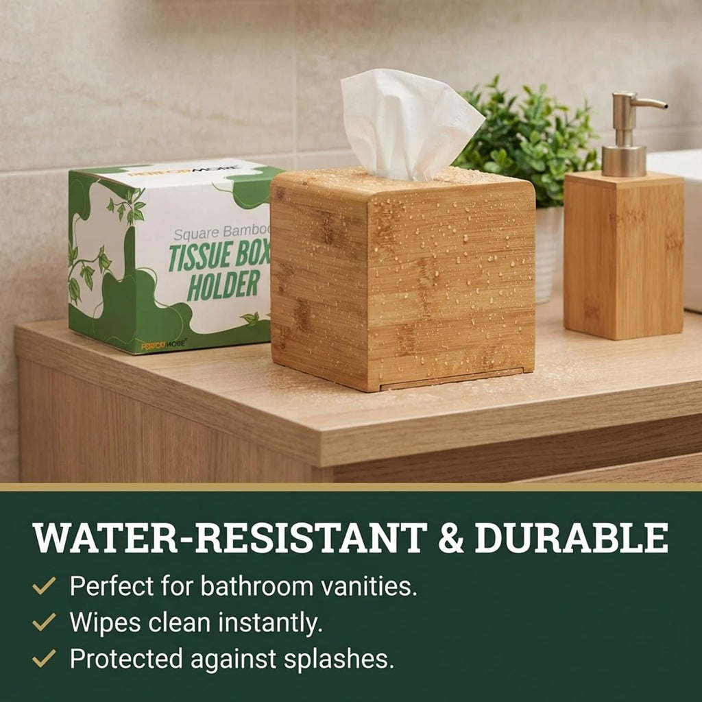 Performore Square Bamboo Tissue Box Cover, Water-Resistant Wood