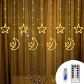 130 LED Star Moon Curtain Decorative Lights, Ramadan Window Curtain Fairy String Lights, Remote Control & USB Plug, 8 Lighting Modes, for Indoor, Home Holiday, Party, Ramadan Decorations
