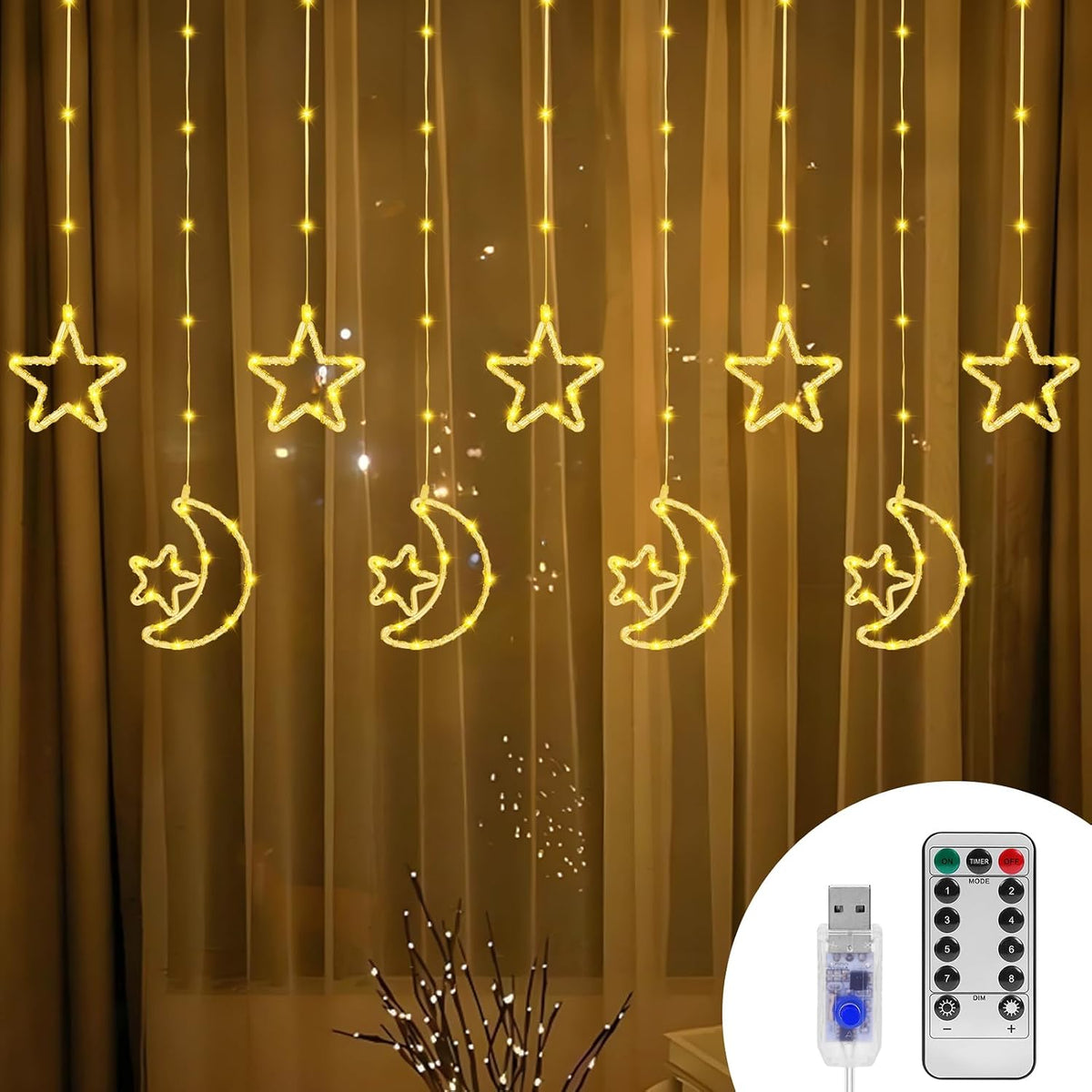 130 LED Star Moon Curtain Decorative Lights, Ramadan Window Curtain Fairy String Lights, Remote Control & USB Plug, 8 Lighting Modes, for Indoor, Home Holiday, Party, Ramadan Decorations