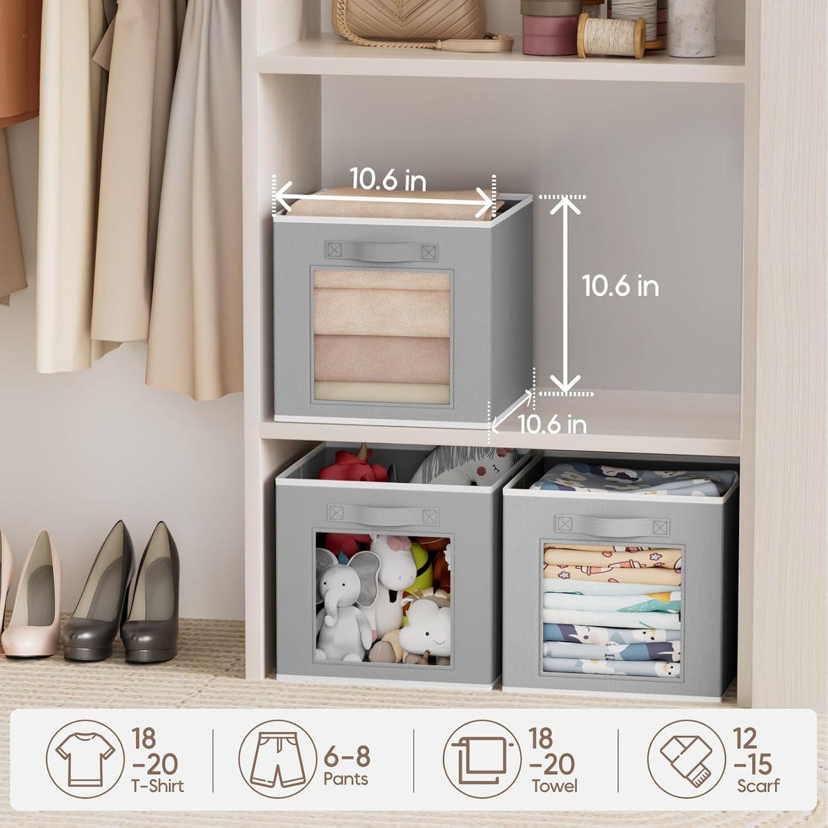 Homsorout Storage Cube 11 Inch - Cube Storage Bins with Window, Closet Storage Baskets with Handle, Fabric Bins for Closet, Shelves, Toys, Clothes, Set of 6, Grey