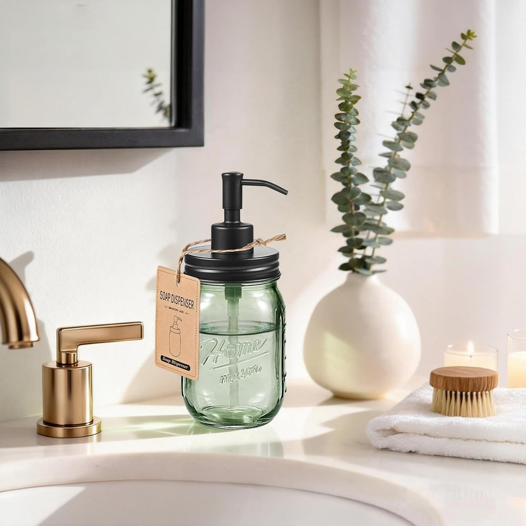 SheeChung Green Glass Mason Jar Liquid Soap Dispenser, 16oz, Black, 1 Pack