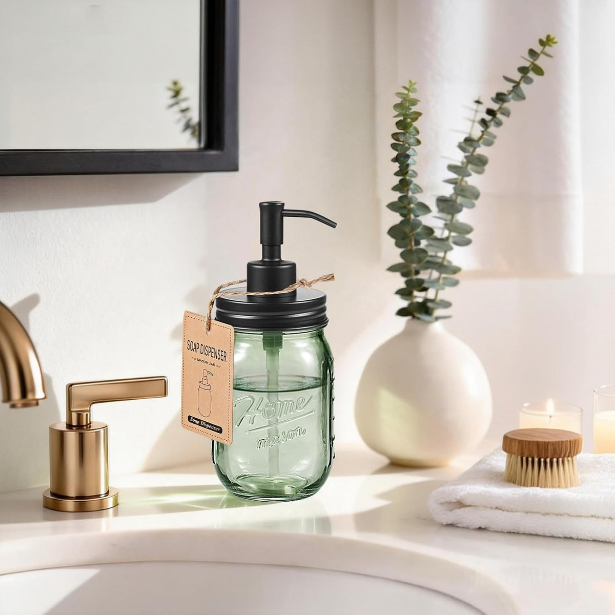 SheeChung Green Glass Mason Jar Liquid Soap Dispenser, 16oz, Black, 1 Pack