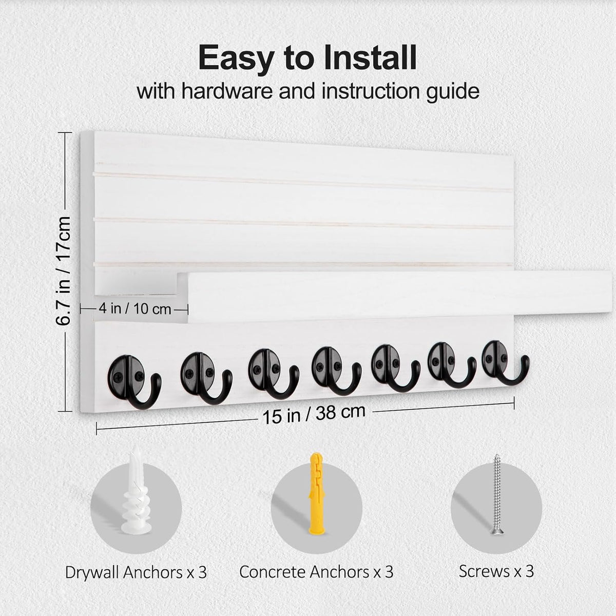 Lwenki Key Holder Wall Mount, Entryway Key and Mail Holder with 7 Sturdy Hooks for Sunglasses, Dog Leash, Decorative Wall Shelf with Mounting Hardware, 15”W x 6.7”H x 4.2”D (White)
