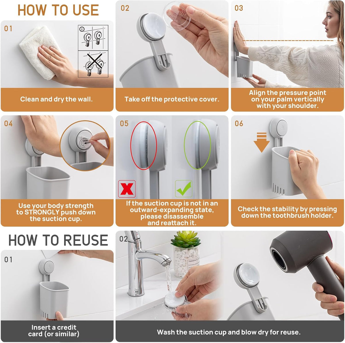LEVERLOC Powerful Suction Cup Toothbrush Holders for Bathroom Wall, Gray