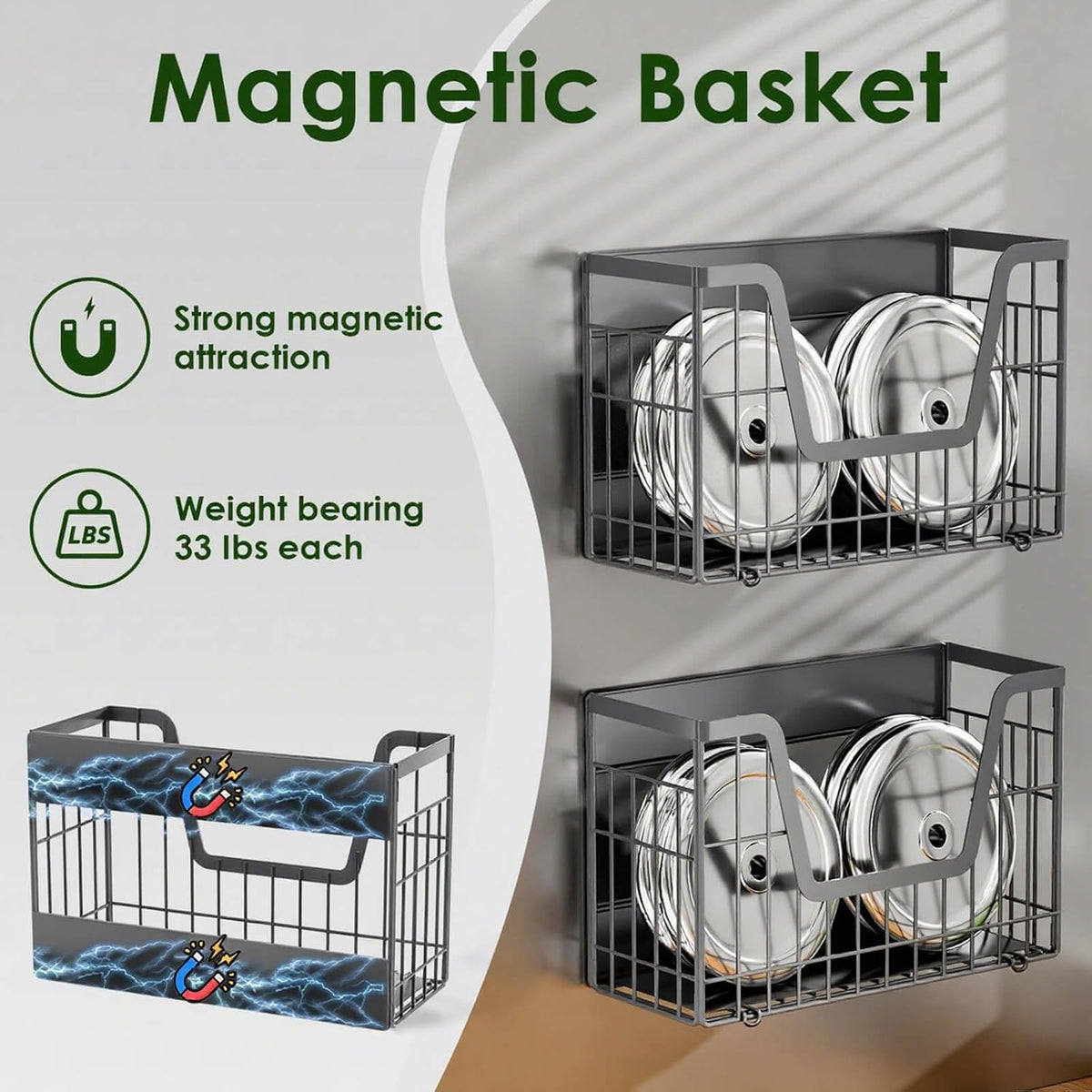 4 Pack Magnetic Shelves for Fridge, Grey Fruit Baskets with 8 Hooks