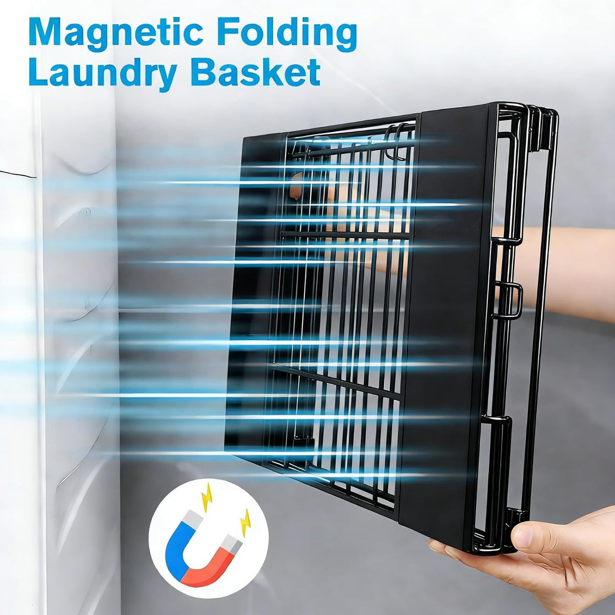 Magnetic Collapsible Laundry Basket, Foldable Metal Laundry Hamper for Washing Machine Side, Space Saving Pop Up Hamper, Laundry Room Organization and Storage (Black)