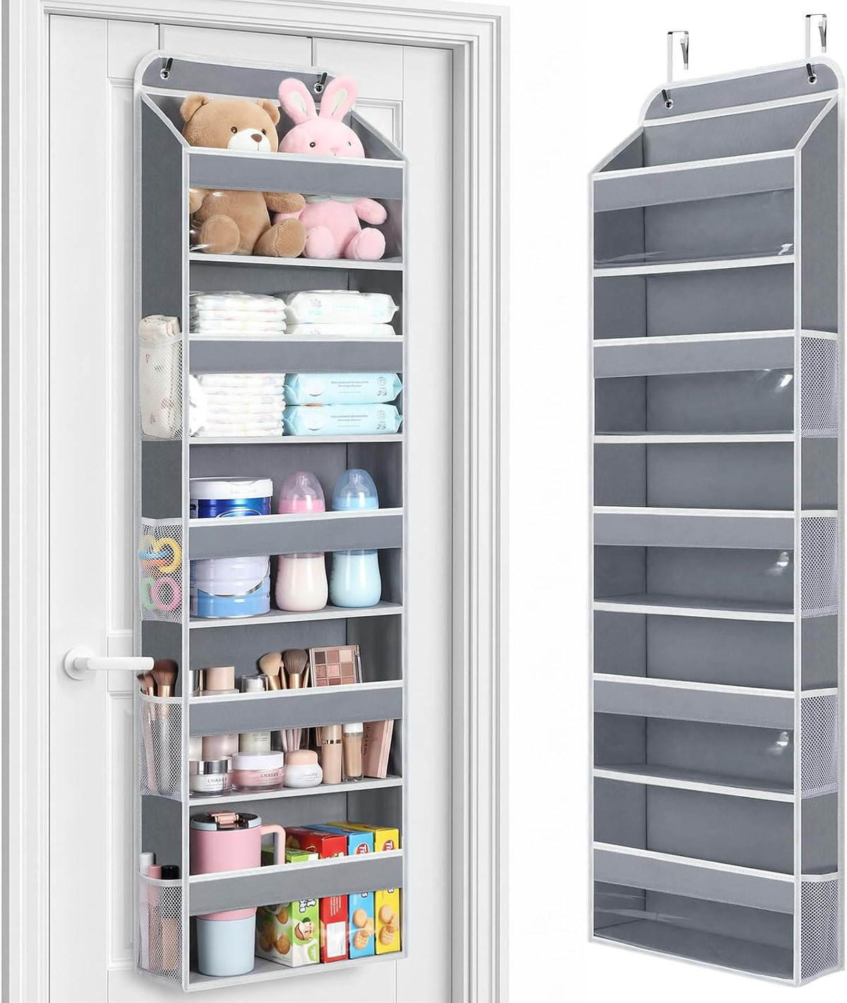 LAMU Over the Door Organizer, Large Capacity Behind the Door Storage with Clear PVC Windows, Back to School Supplies, Stuffed Animal Storage for Dorm Closet Nursery Bathroom Pantry, 5 Tier Grey