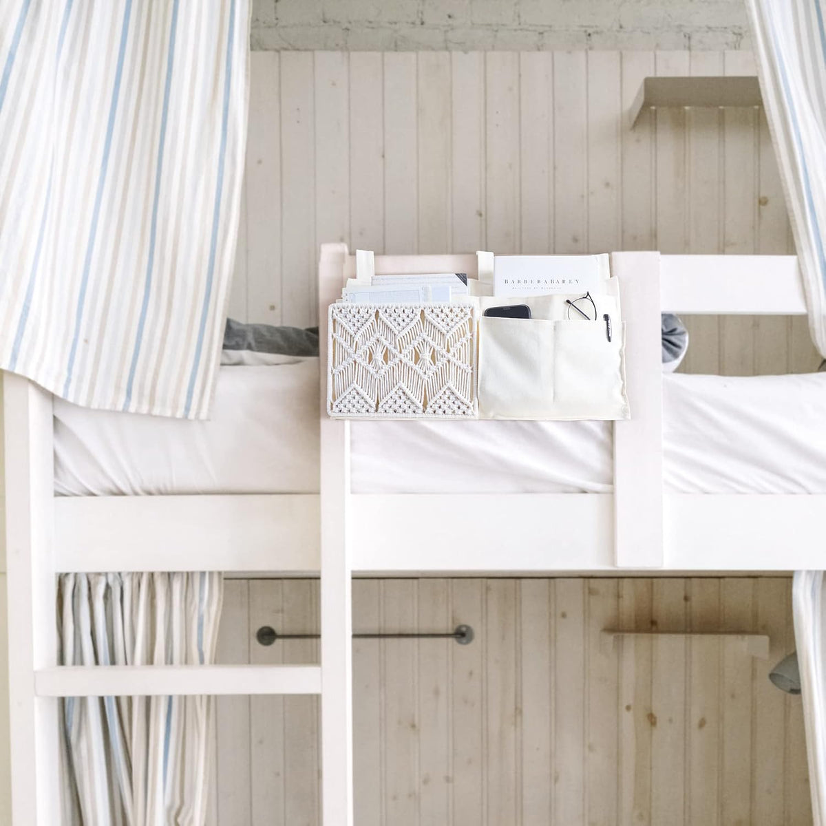 Mkono Bedside Caddy, Macrame Bunk Bed Hanging Organizer, 7 Pockets Ivory