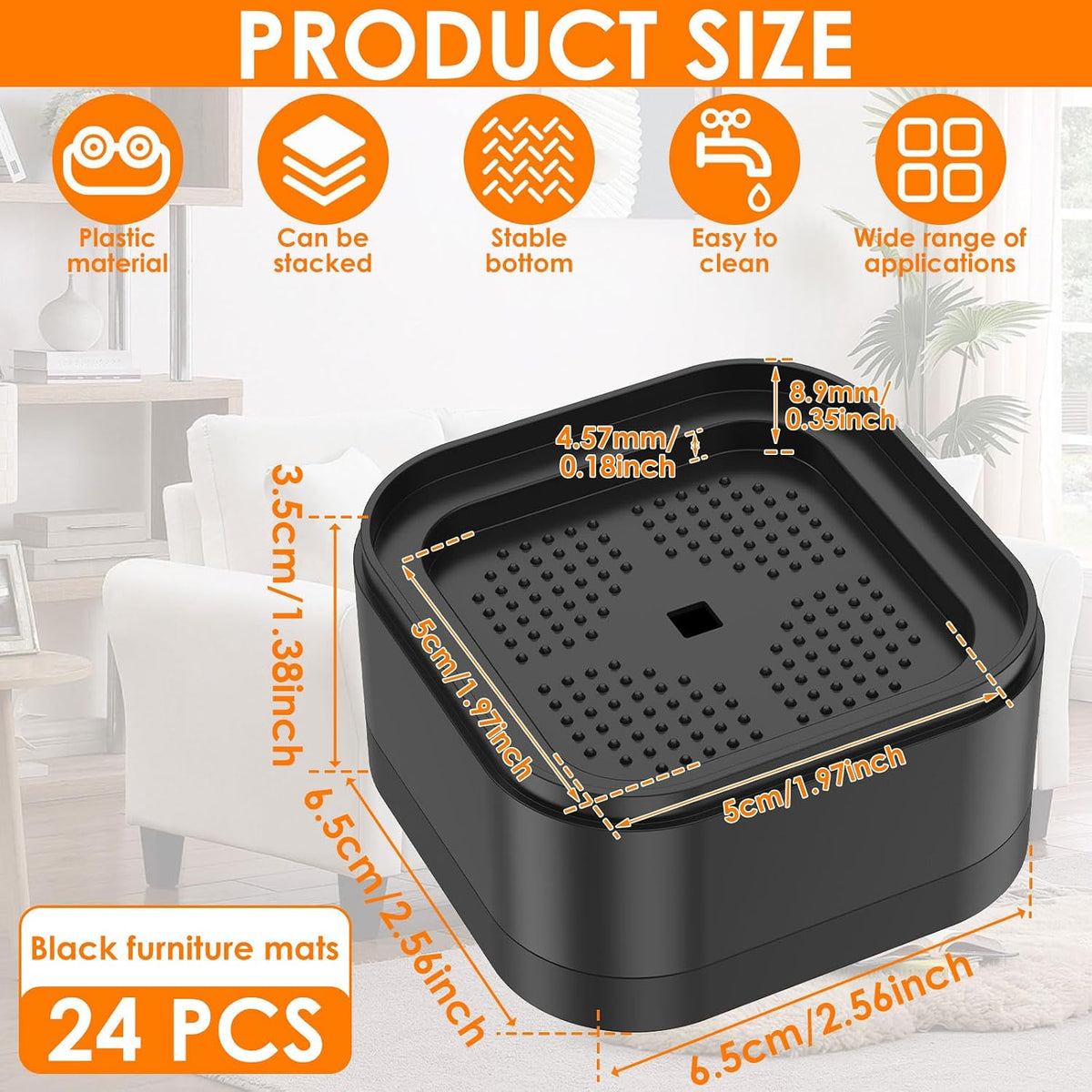 24 Pack Furniture Risers Adjustable Bed Risers Heavy Duty Lifts Height 1", Square Stackable Bed 1, 2 or 3 Inch for Desk Leg Table Couch Sofa Chair Frame Legs Dorm, Black